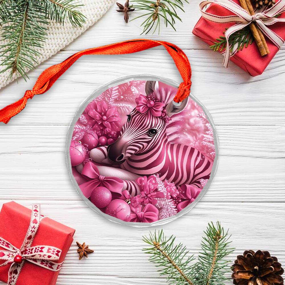 Zebra Pink Christmas Design 1 Glass Ornament