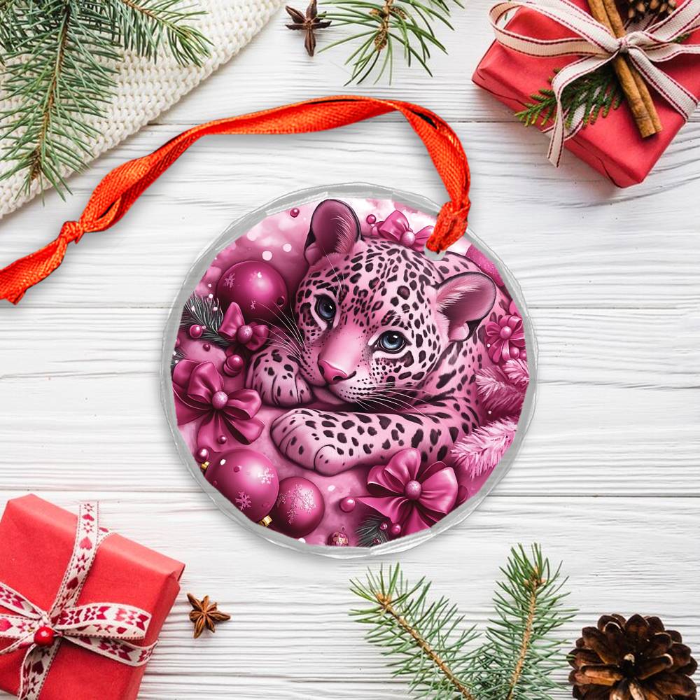Jaguar Pink Christmas Design 2 Glass Ornament