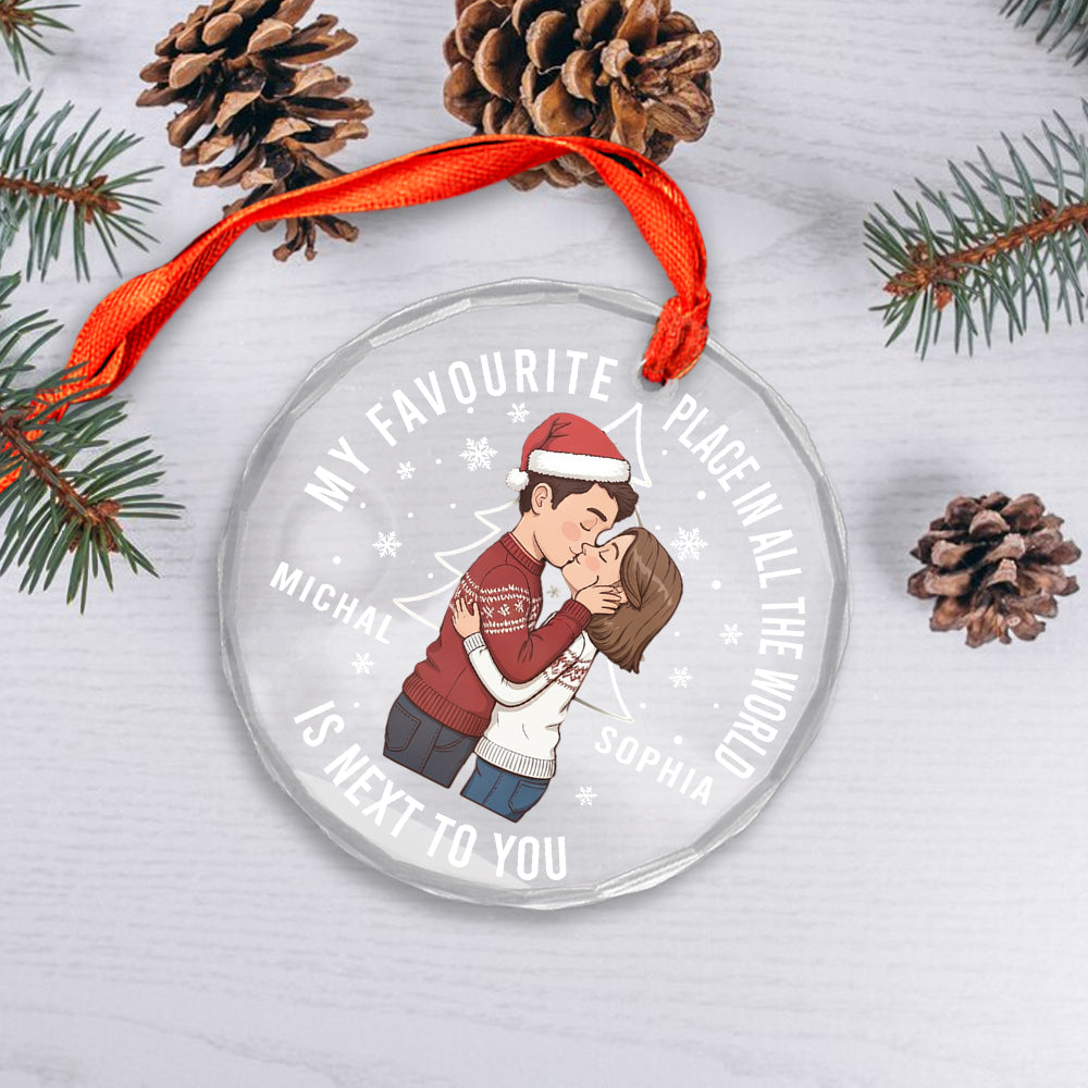 Christmas Couple Sideview You Are My Favorite By Far - Personalized Circle Glass Ornament2