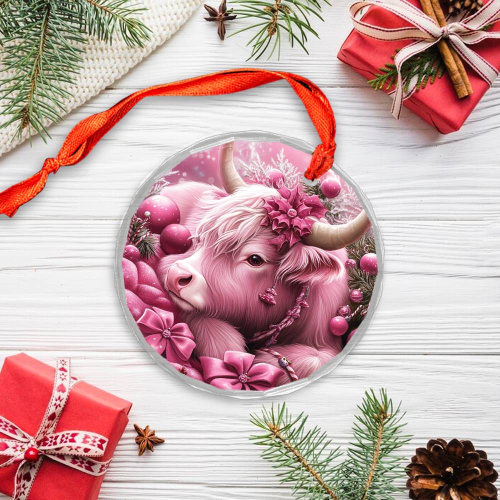 Highland Cow Pink Christmas Design 2 Glass Ornament