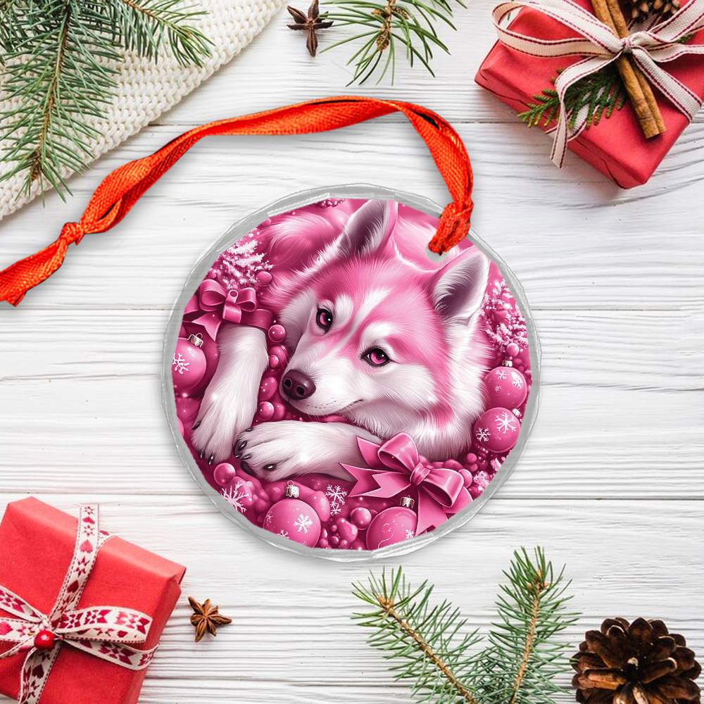 Siberian Huskie Dog Pink Christmas Design 1 Glass Ornament