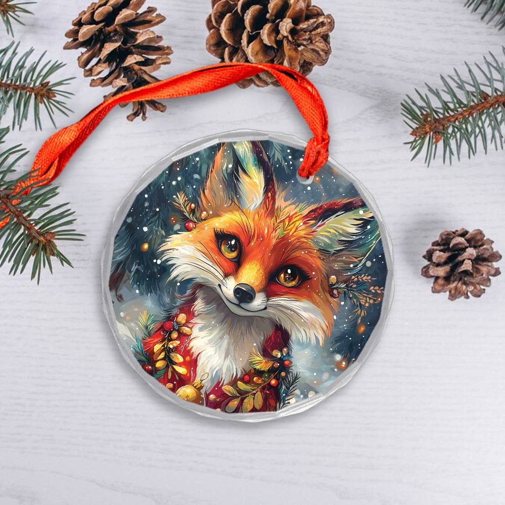 Beautiful Angus Fox Christmas Night Design 3 Glass Ornament