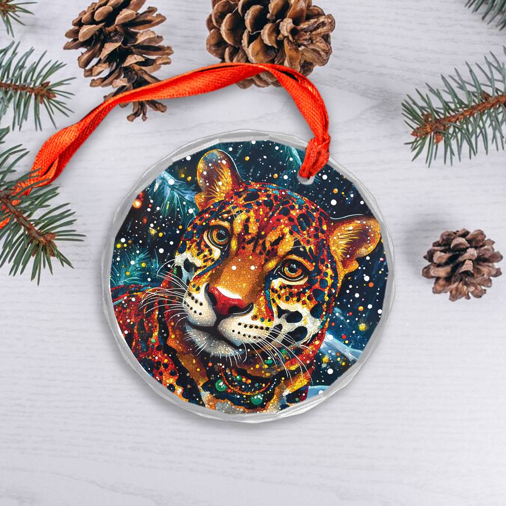Beautiful Jaguar Christmas Night Design 4 Glass Ornament