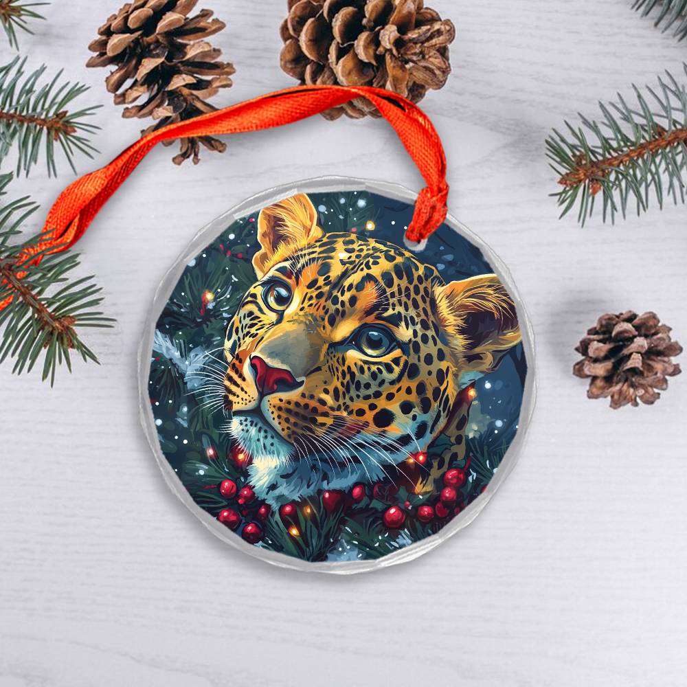 Beautiful Leopard Christmas Night Design 4 Glass Ornament