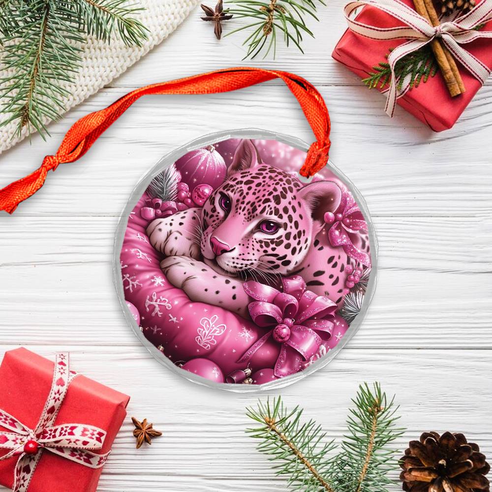 Jaguar Pink Christmas Design 3 Glass Ornament