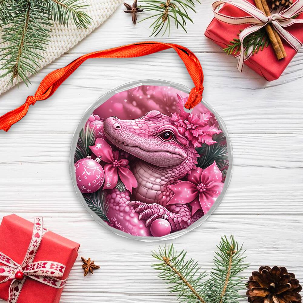 Alligator Pink Christmas Design 2 Glass Ornament