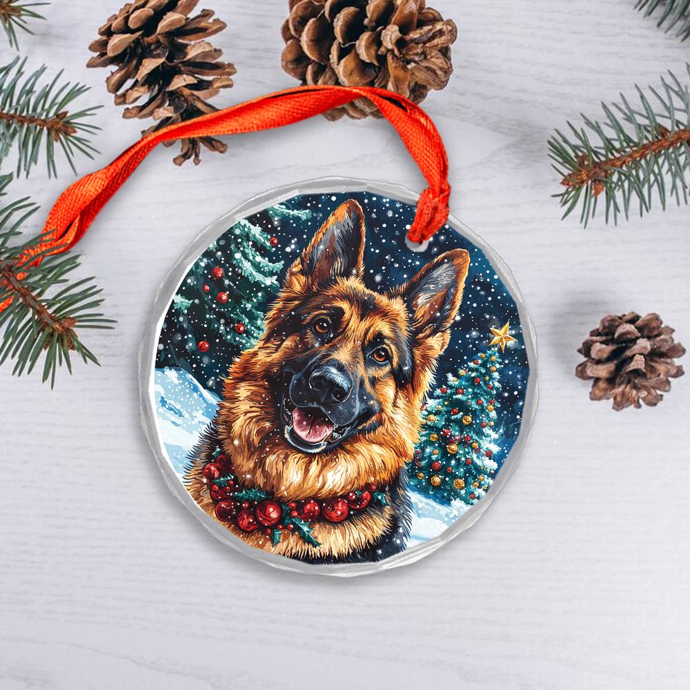 Beautiful Angus German Shepherd Dog Christmas Night Design 4 Glass Ornament