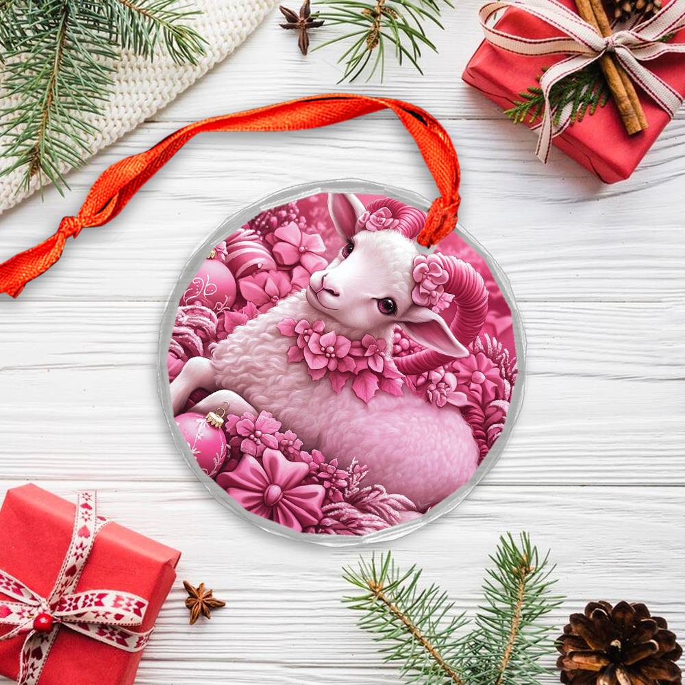 Sheep Pink Christmas Design 3 Glass Ornament