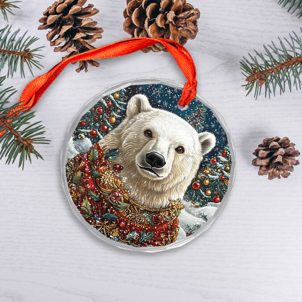 Beautiful Angus Polar Bear Christmas Night Design 3 Glass Ornament
