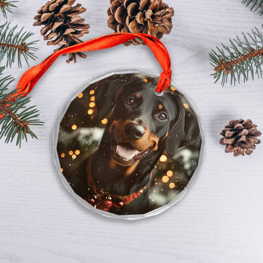 Beautiful Angus Doberman Pinscher Dog Christmas Night Design 2 Glass Ornament