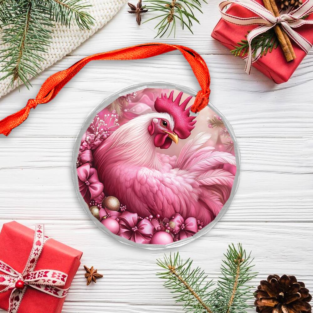 Rooster Pink Christmas Design 4 Glass Ornament
