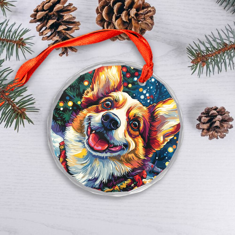 Beautiful Angus Corgi Dog Christmas Night Design 1 Glass Ornament