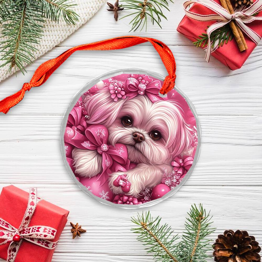 Shih Tzu Dog Pink Christmas Design 3 Glass Ornament