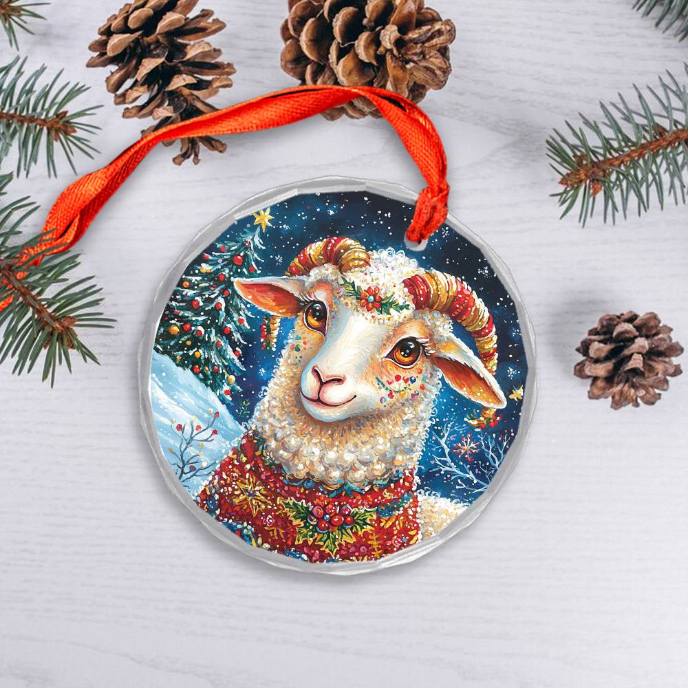 Beautiful Sheep Christmas Night Design 2 Glass Ornament