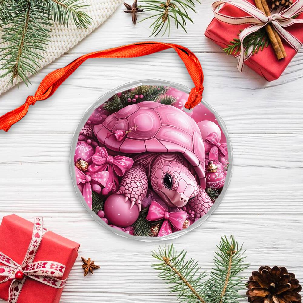 Tortoise Pink Christmas Design 4 Glass Ornament