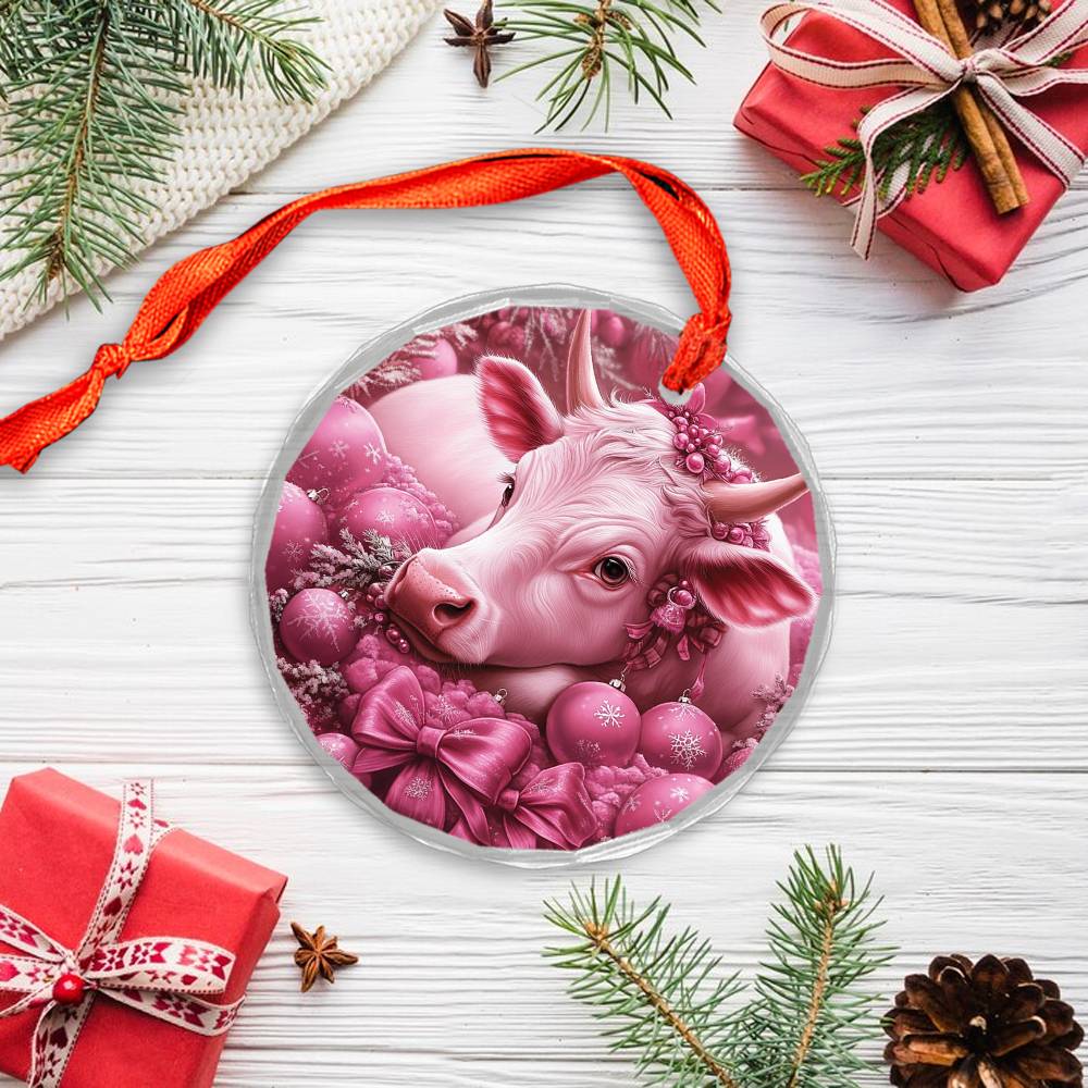 Hereford Cow Pink Christmas Design 1 Glass Ornament