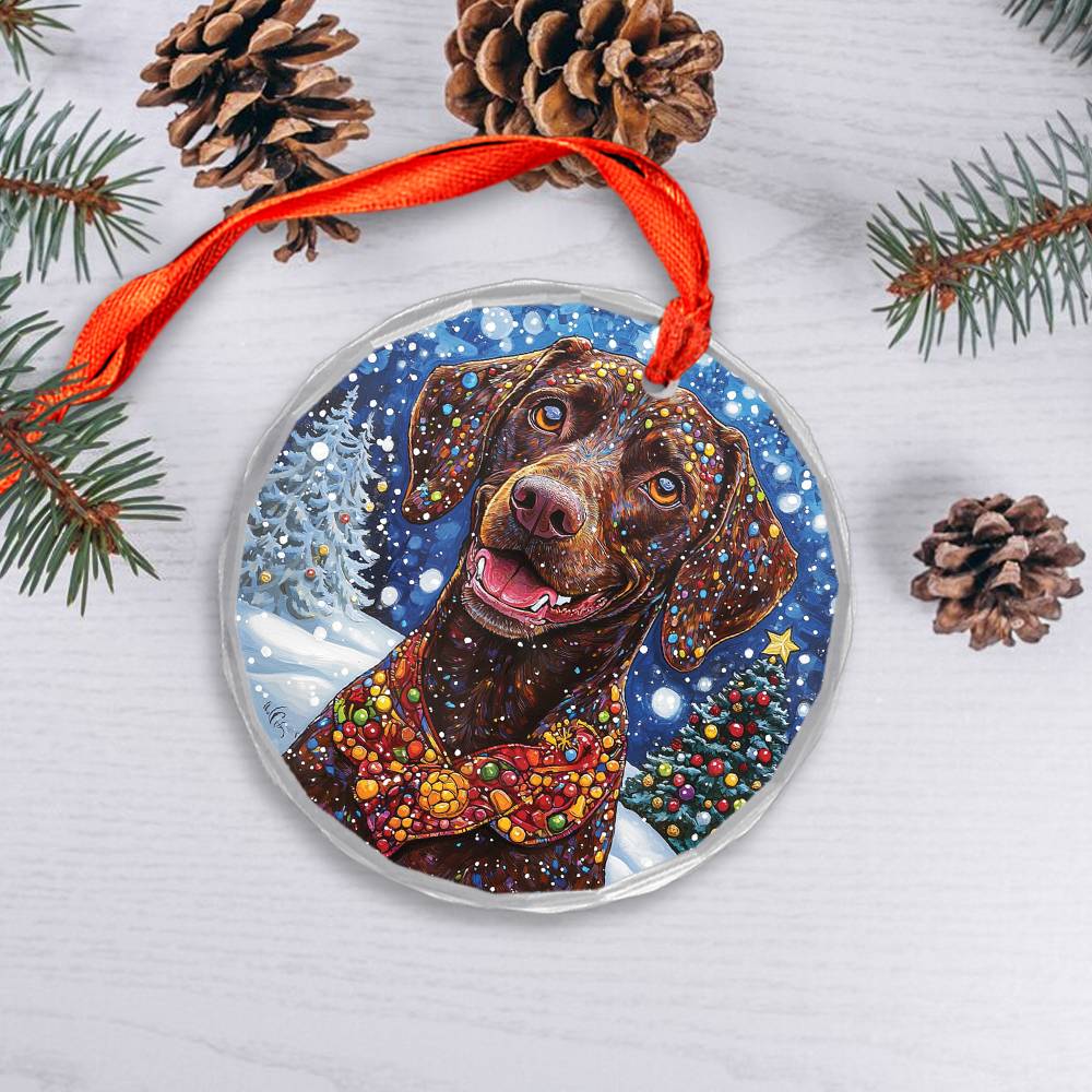 Beautiful Angus German Shorthaired Pointer Dog Christmas Night Design 2 Glass Ornament
