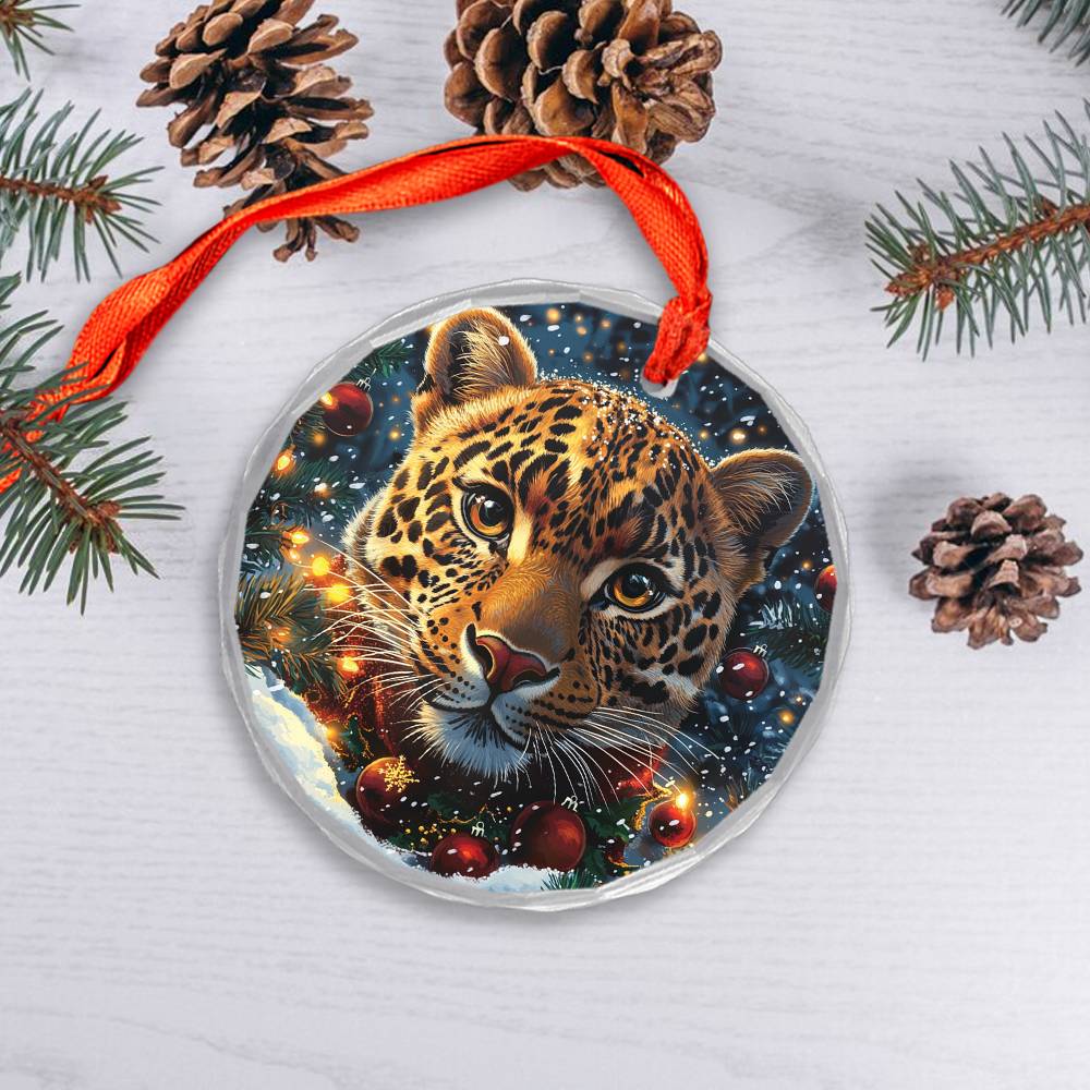 Beautiful Leopard Christmas Night Design 3 Glass Ornament