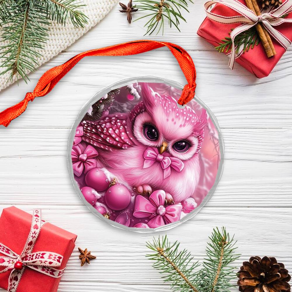 Owl Pink Christmas Design 2 Glass Ornament