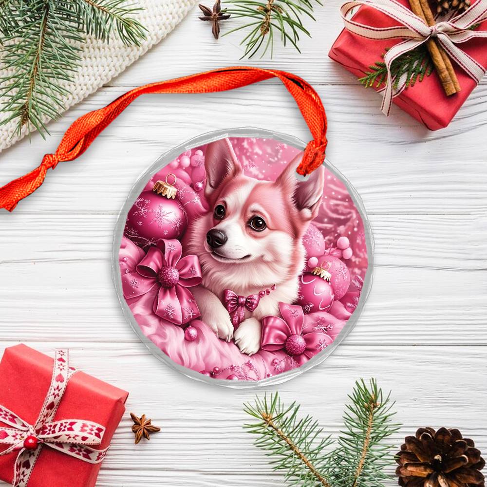 Pembroke Welsh Corgi Dog Pink Christmas Design 2 Glass Ornament