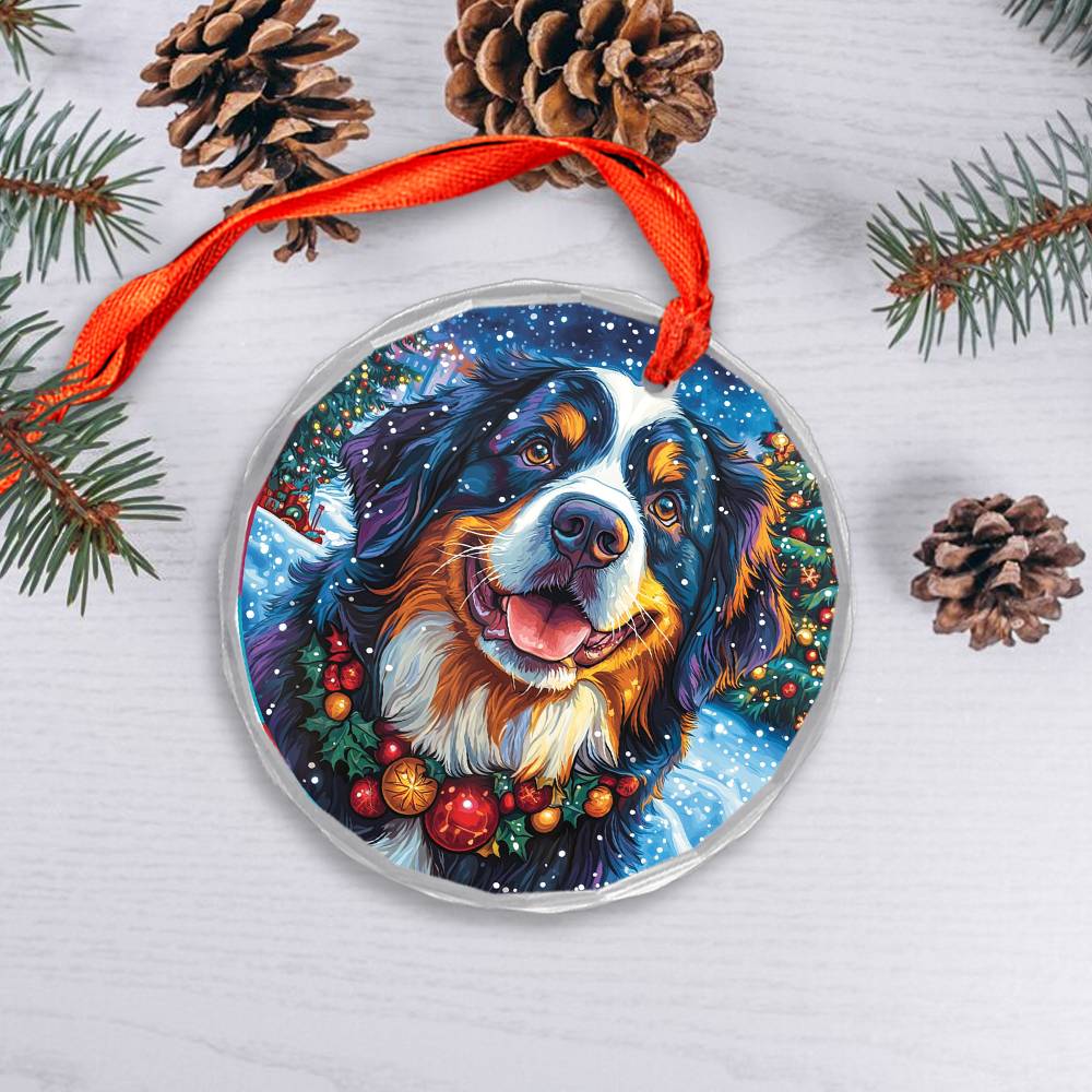 Beautiful Angus Bernese Mountain Dog Christmas Night Design 1 Glass Ornament