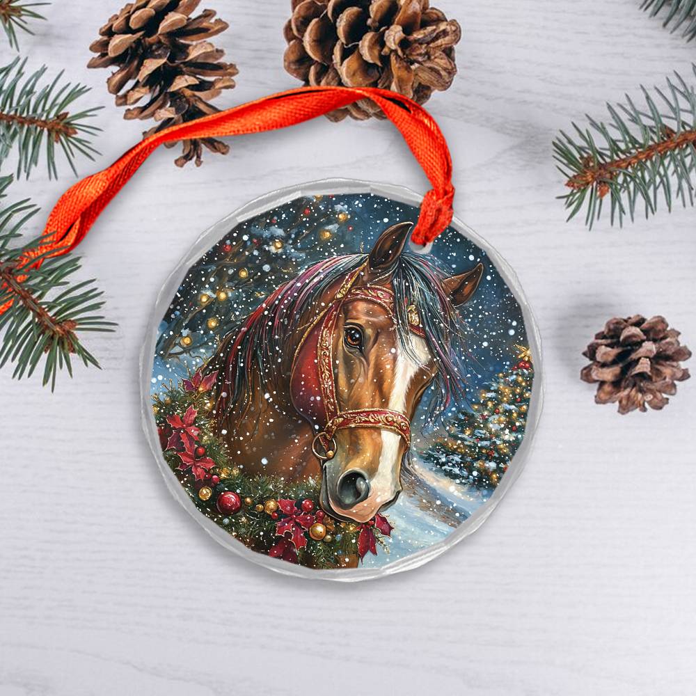 Beautiful Horse Christmas Night Design 3 Glass Ornament
