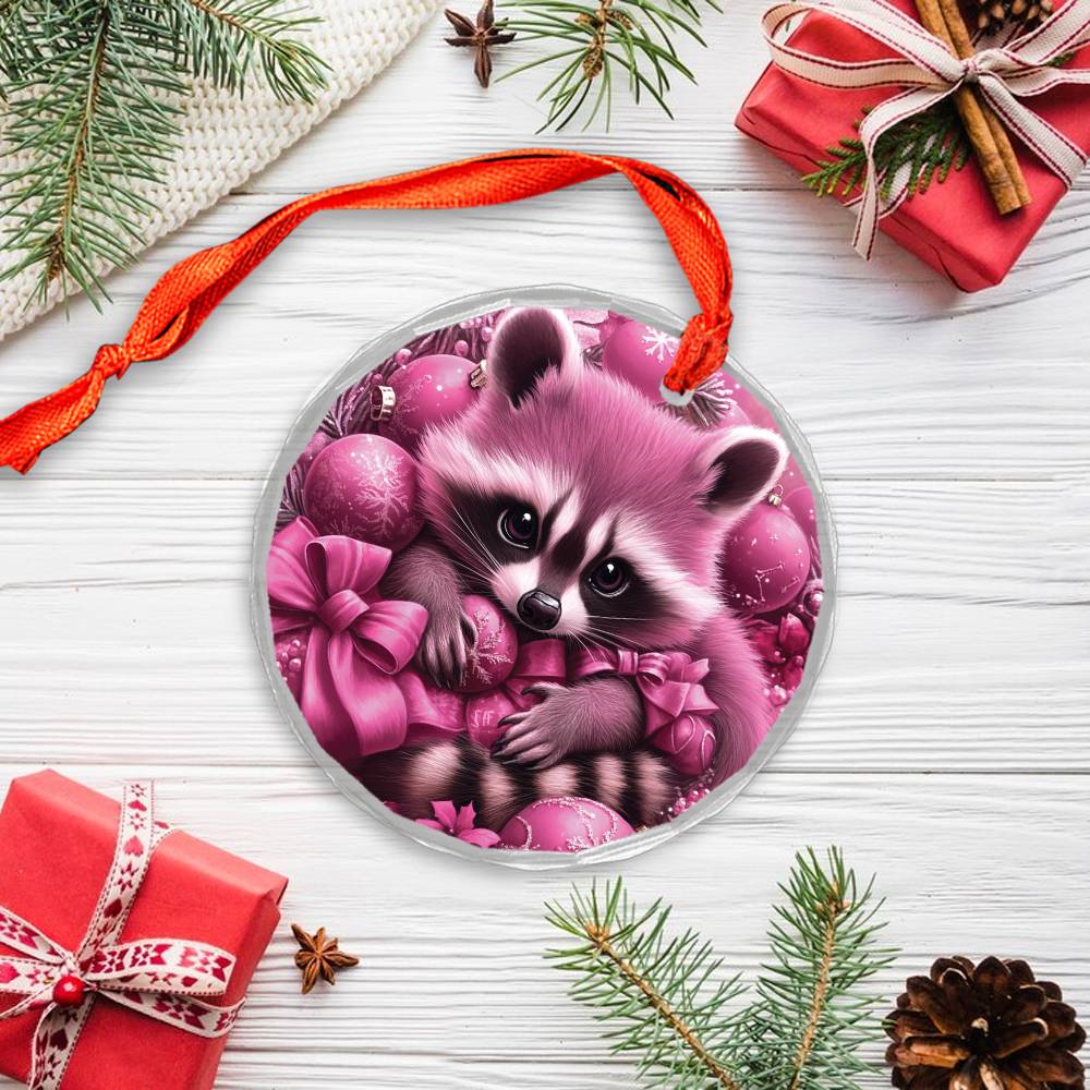 Racoon Pink Christmas Design 4 Glass Ornament