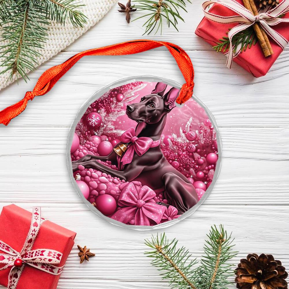 Doberman Pinscher Dog Pink Christmas Design 2 Glass Ornament