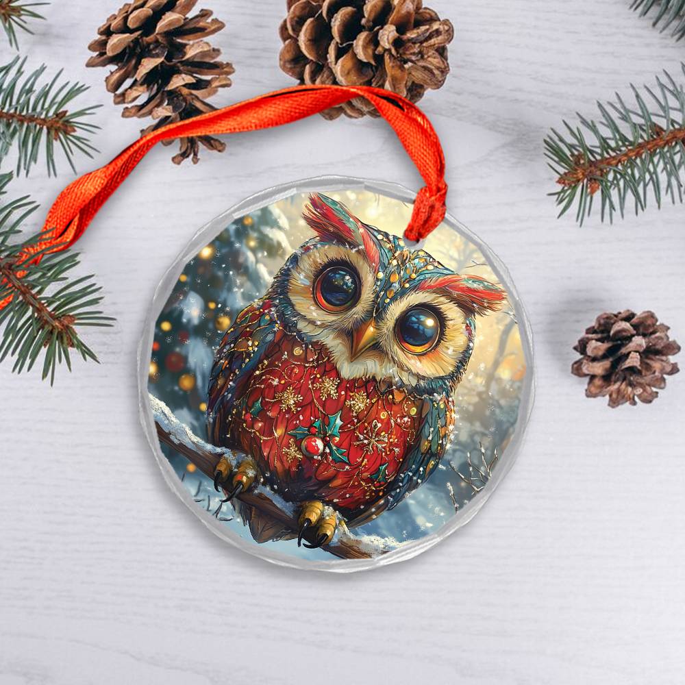 Beautiful Owl Christmas Night Design 1 Glass Ornament