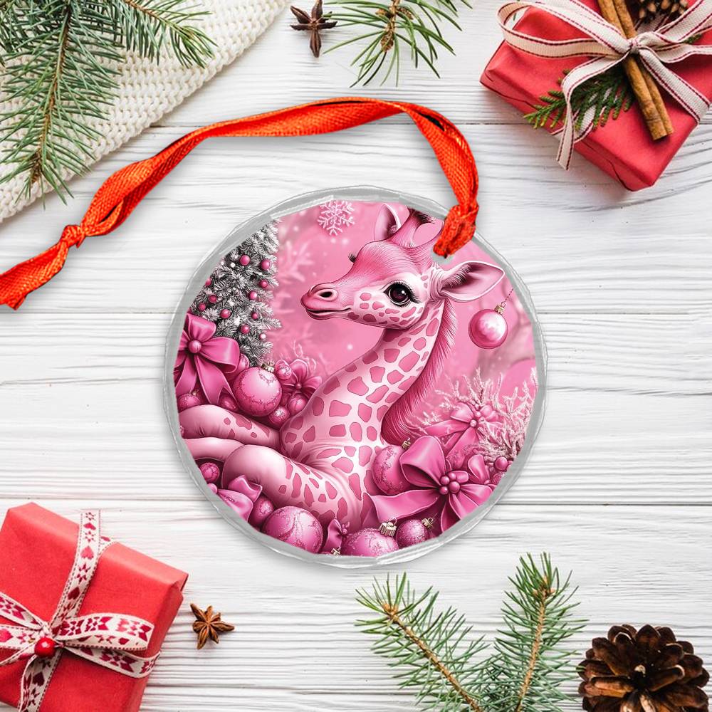 Giraffe Pink Christmas Design 1 Glass Ornament