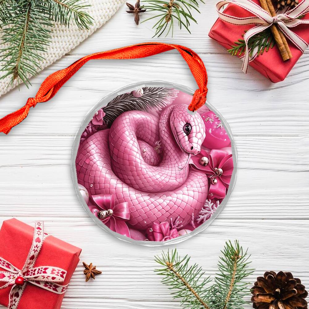 Snake Pink Christmas Design 1 Glass Ornament