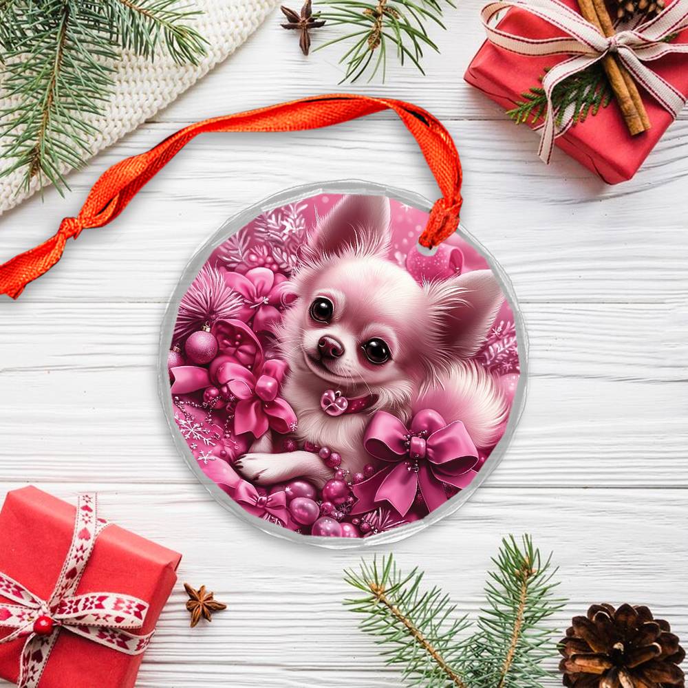 Chihuahua Dog Pink Christmas Design 1 Glass Ornament