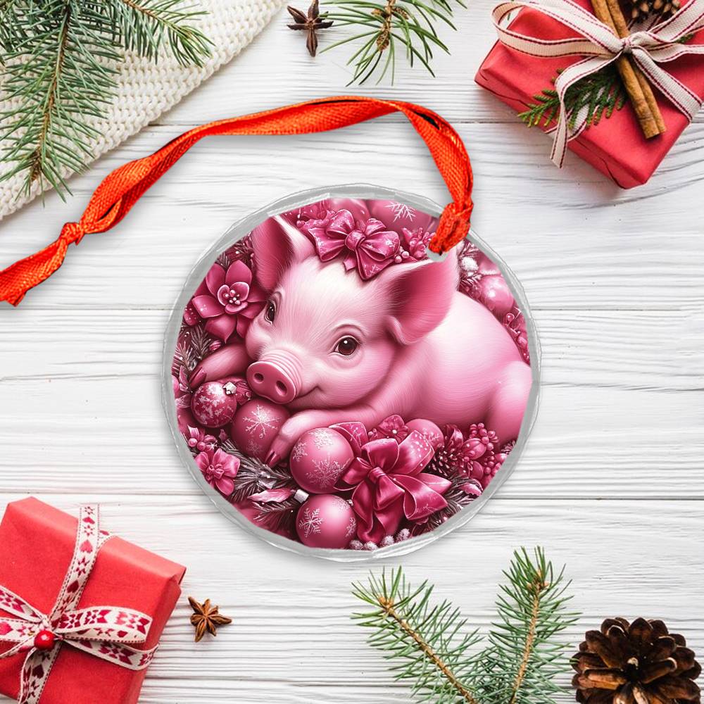 Pig Pink Christmas Design 3 Glass Ornament