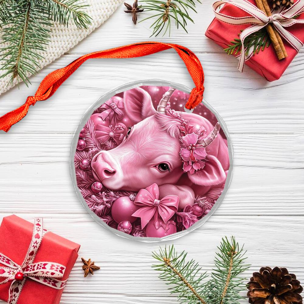Hereford Cow Pink Christmas Design 2 Glass Ornament