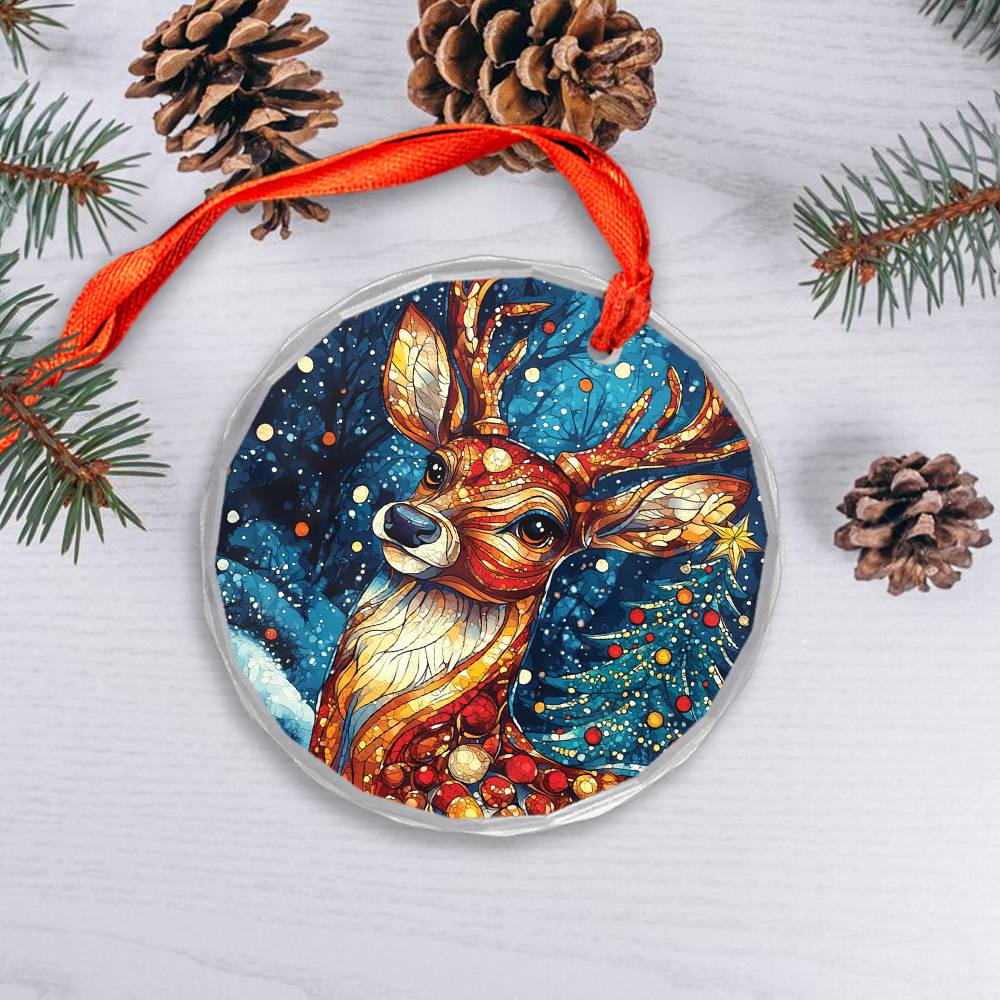 Beautiful Angus Deer Christmas Night Design 3 Glass Ornament