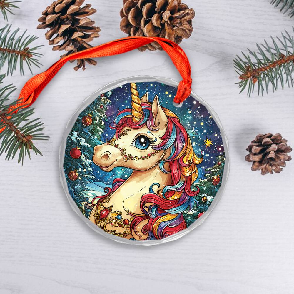 Beautiful Angus Unicorn Christmas Night Design 4 Glass Ornament