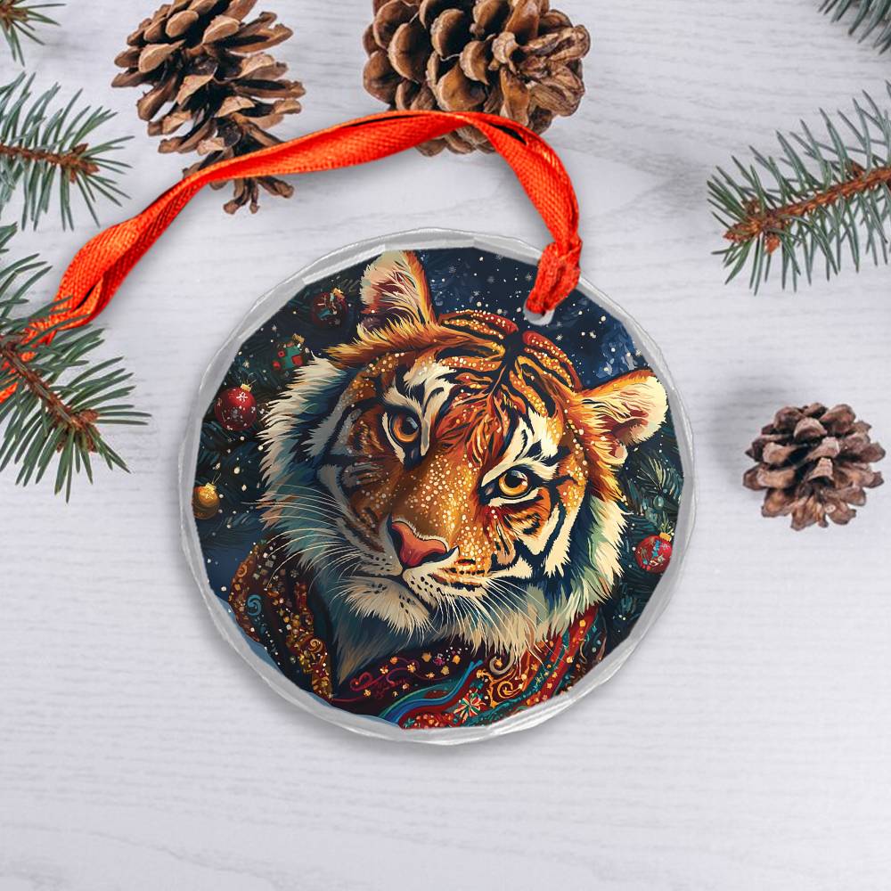 Beautiful Tiger Christmas Night Design 1 Glass Ornament