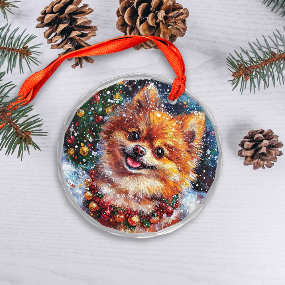Beautiful Angus Pomeranian Dog Christmas Night Design 1 Glass Ornament