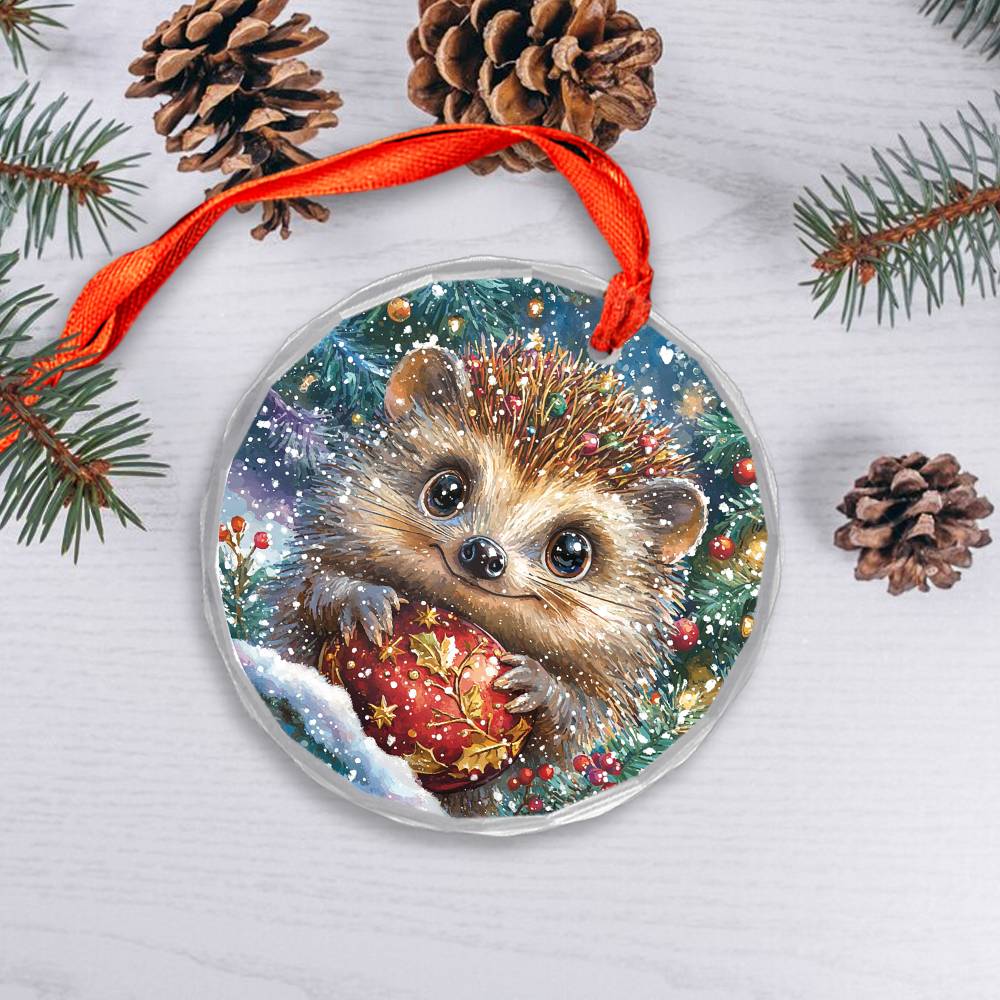 Beautiful Angus Hedgehog Christmas Night Design 3 Glass Ornament