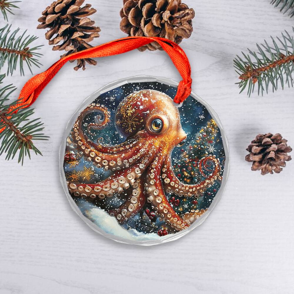 Beautiful Angus Octopus Christmas Night Design 2 Glass Ornament
