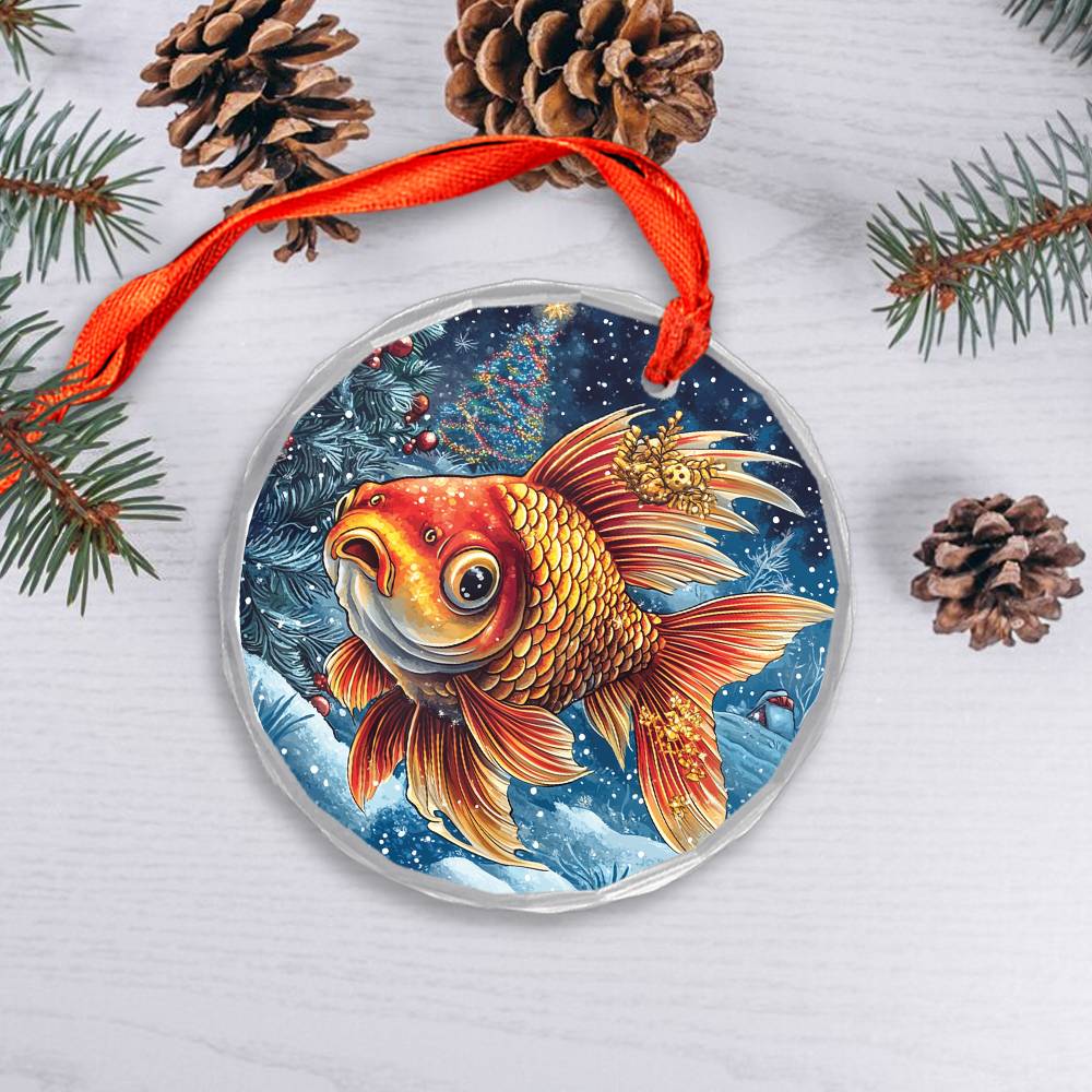 Beautiful Angus Goldfish Christmas Night Design 1 Glass Ornament