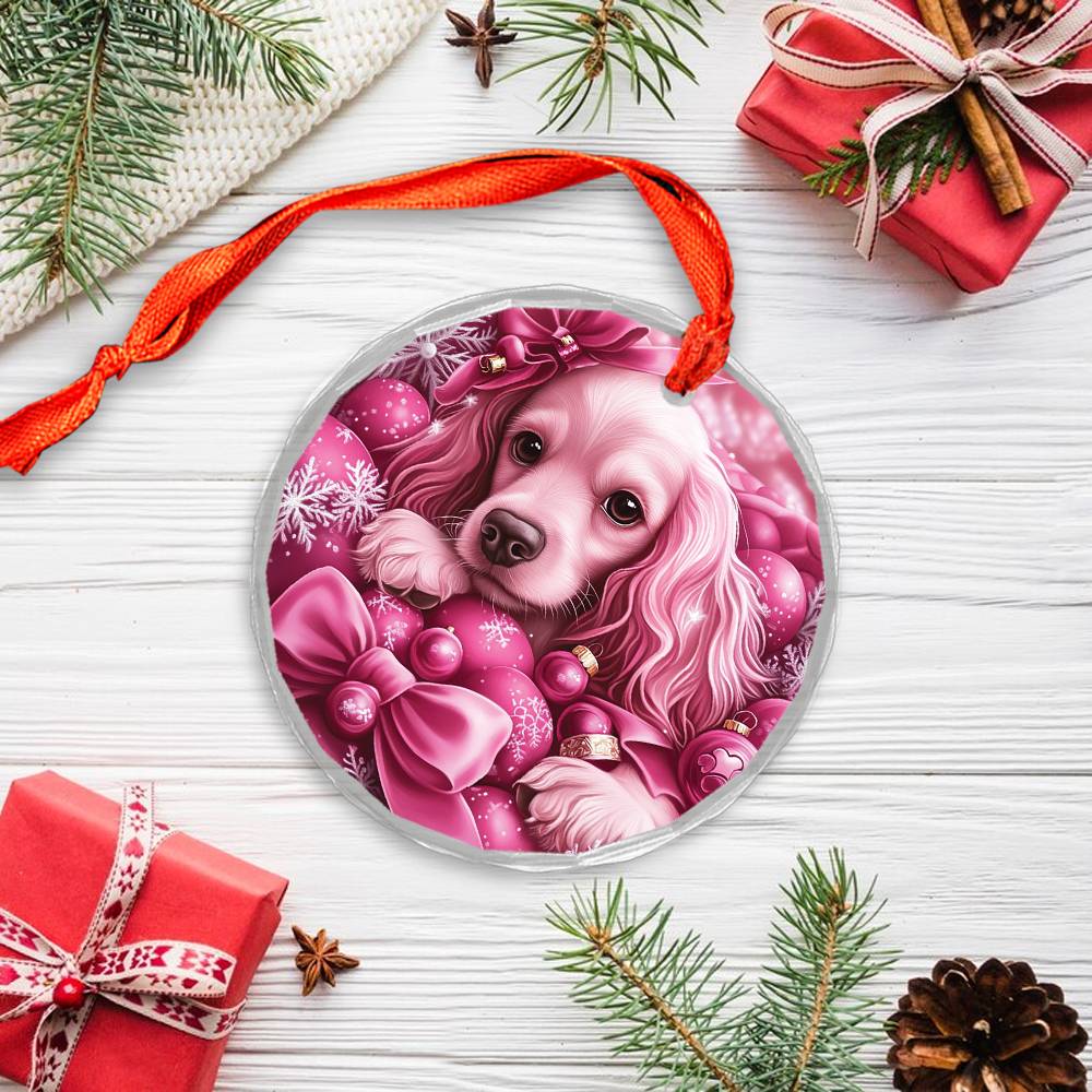 Cocker Spaniel Dog Pink Christmas Design 2 Glass Ornament