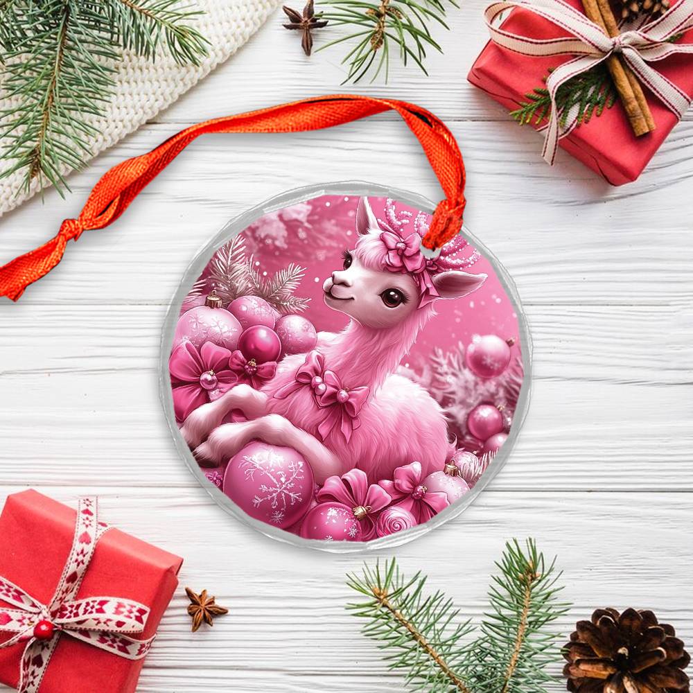 Alpaca Pink Christmas Design 1 Glass Ornament
