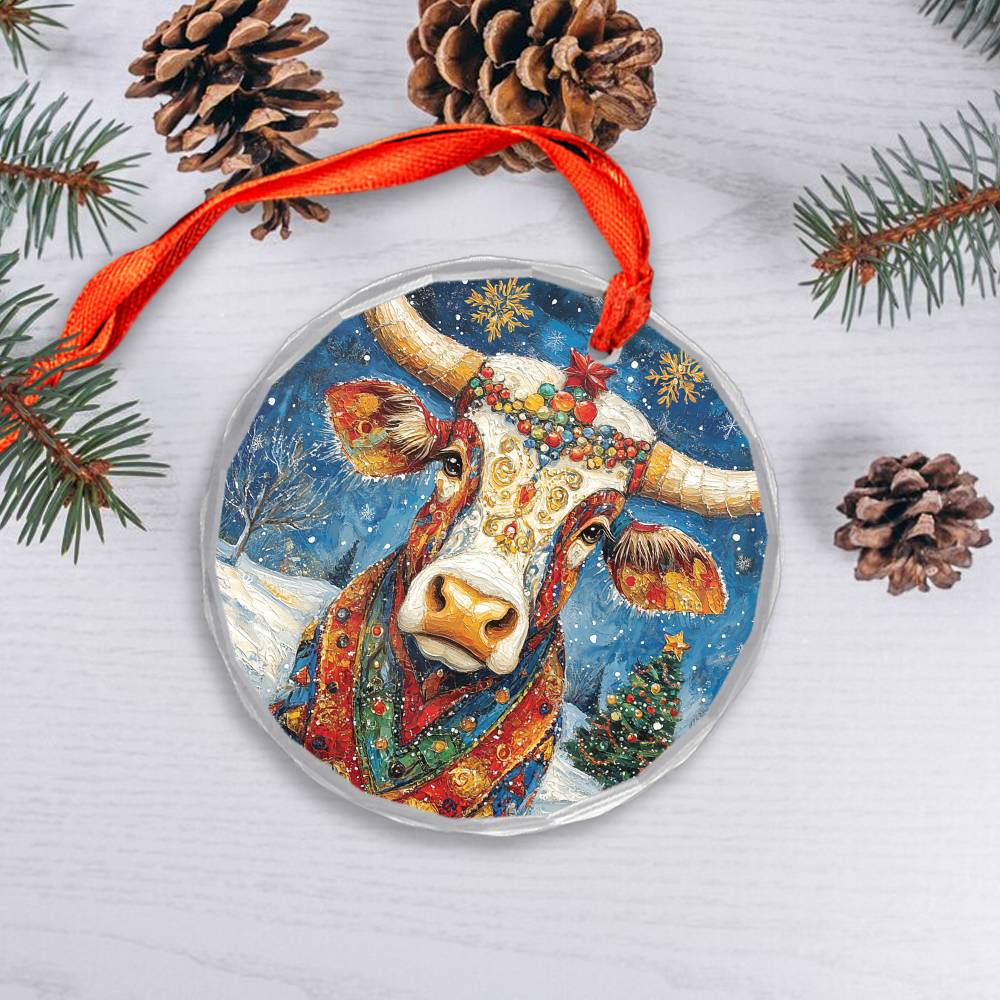 Beautiful Longhorn Cow Christmas Night Design 2 Glass Ornament