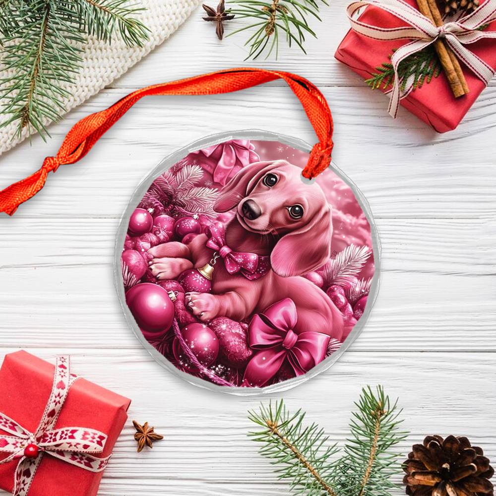 Dachshund Dog Pink Christmas Design 1 Glass Ornament