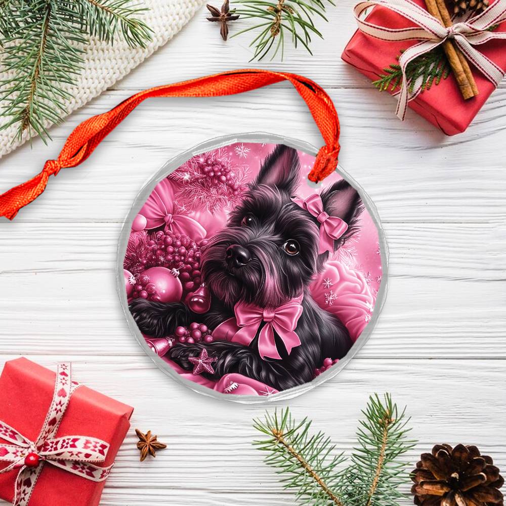Scottish Terrier Dog Pink Christmas Design 1 Glass Ornament