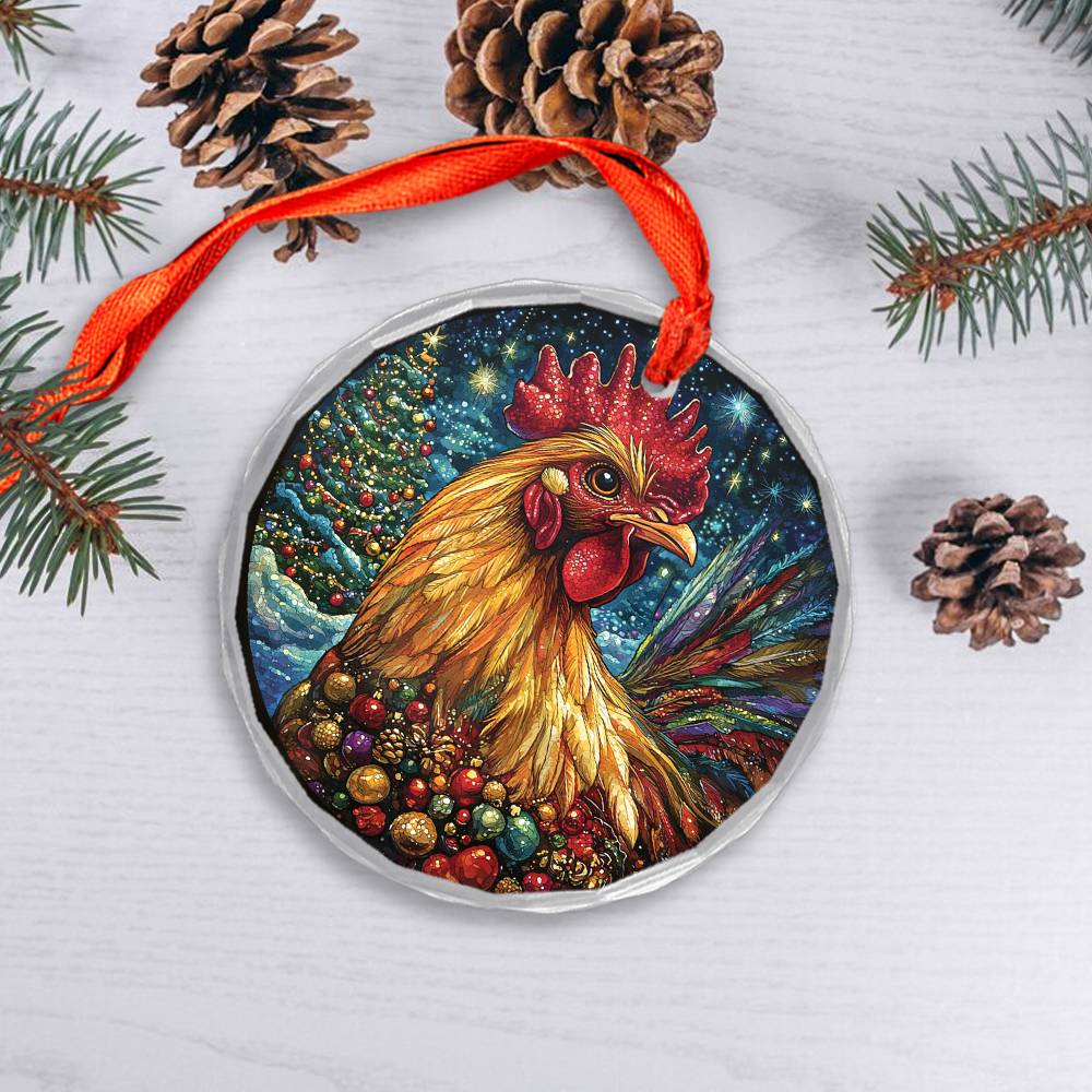 Beautiful Rooster Christmas Night Design 1 Glass Ornament