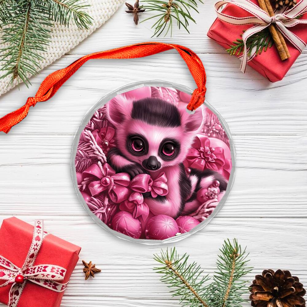 Lemur Pink Christmas Design 1 Glass Ornament