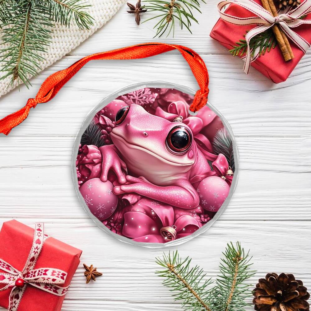 Frog Pink Christmas Design 3 Glass Ornament