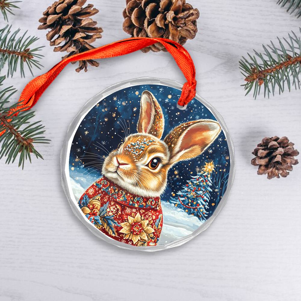 Beautiful Rabbit Christmas Night Design 4 Glass Ornament